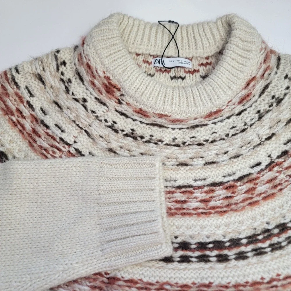 NEW Zara Fair Isle Nordic Knit Wool Blend Crewneck Sweater Pullover Med Unisex